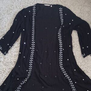Soft Surroundings Womens M Black Embellished Duster Cardigan Rayon Open Front